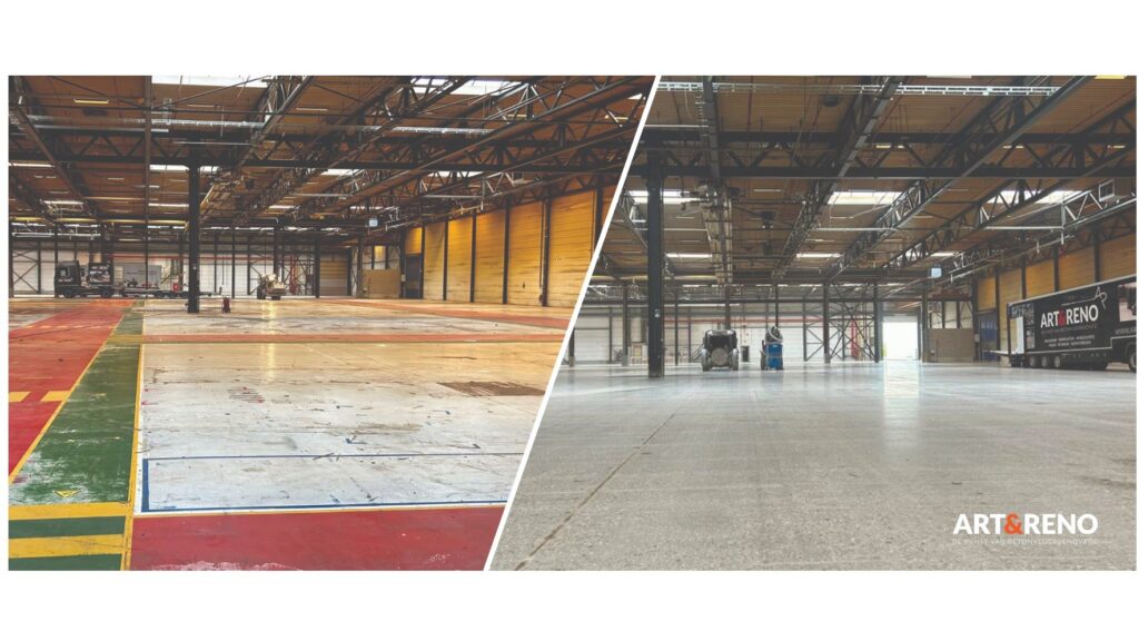 Art & Reno verwijdert alle coating, lijnen en andere verontreiniging van de betonvloer van uw bedrijfsgebouw.