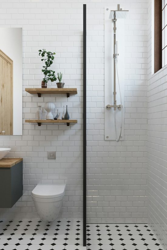 Moderne badkamer met een douche aan de rechterkant en aan de linkerkant een lavabo en toilet.