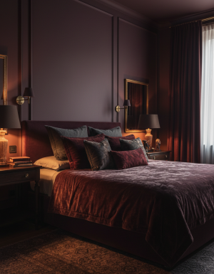 Een luxueuze slaapkamer met diep bordeaux geschilderde muren, een groot bed met gelaagde dekens en kussens, donkere houten nachtkastjes en warme sfeerverlichting van wandlampen en een tafellamp. De ruimte heeft een moody, hotelachtige sfeer met subtiele mid-century modern details en een zachte vloerkleed.