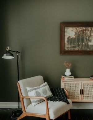 Hoek van een woonkamer met een stoel, staanlamp, klein ladekastje en een schilderij. De wand is in het groen geverfd.