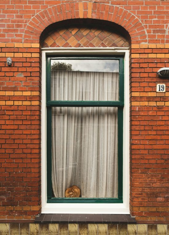Buitenkant woning met roodbruine steen met in het midden een groot raam met witte gordijnen. Achter het raam bevindt zich een kat.