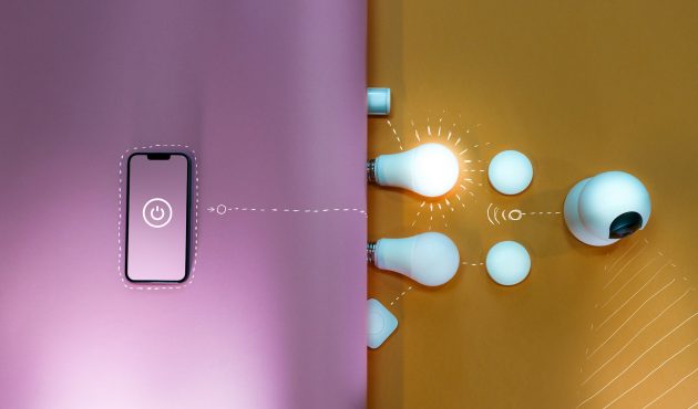Afbeelding die het concept van een smart home voorstelt. Links bevindt zich een gsm die verbonden is met aan de rechterkant een paar slimme lampen, een camera, een slimme radiatorknop, enzovoort.