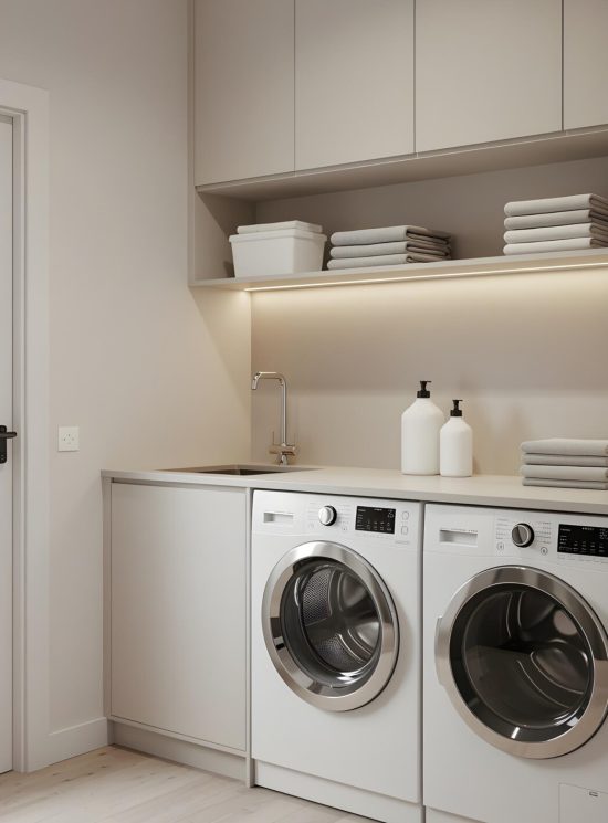 Moderne laundry room with white storage appliances