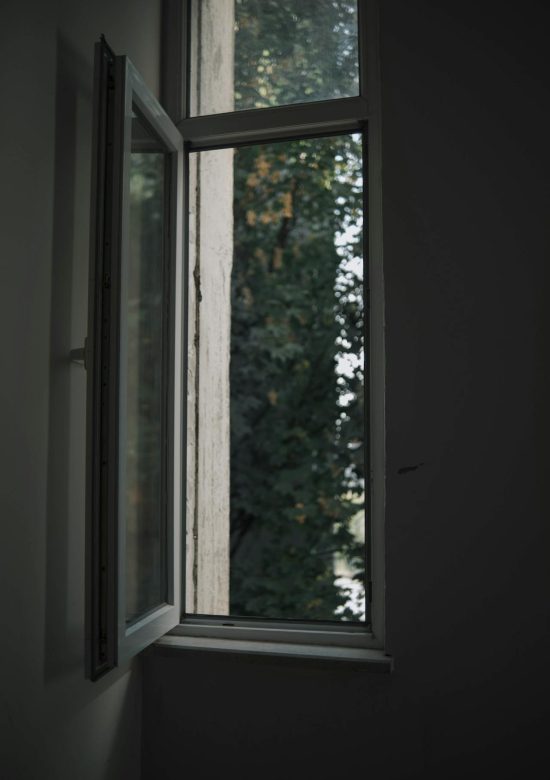 Donkere afbeeldingen met een groot langwerpig raam dat open staat en uitzicht geeft op klimop.