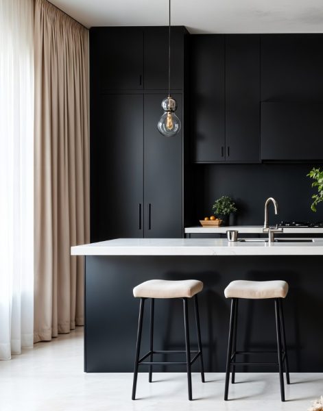 Zwarte keuken met lichtinval