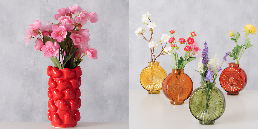 Kleurrijke bloemstukken in decoratieve glazen vazen