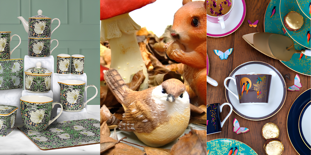 Geharo - Drieluik met servies, vogels en kleurrijke theetafel
