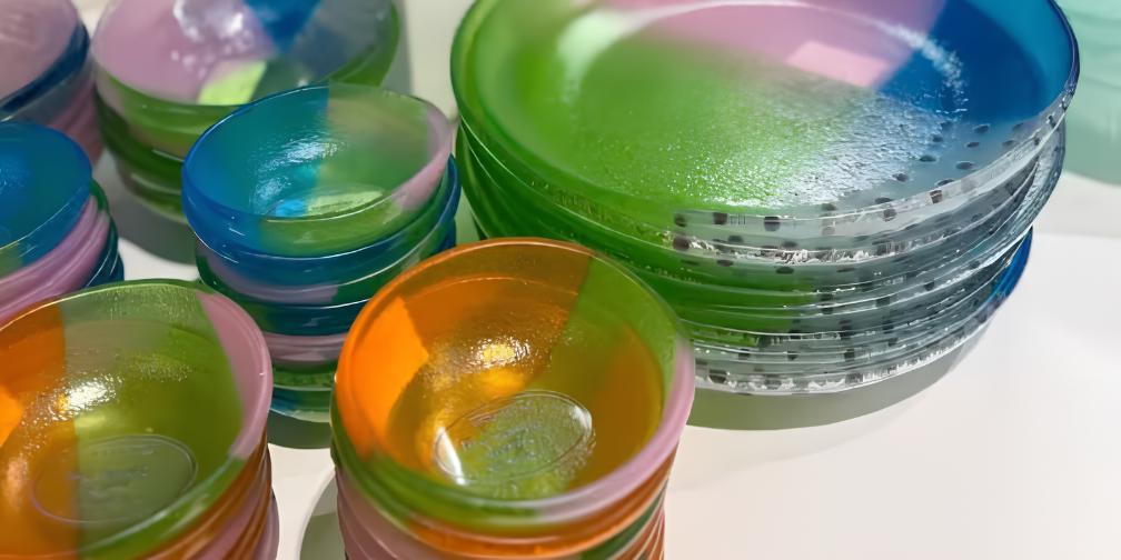 Cavari Atelier - Stapel kleurrijke doorschijnende glazen schaaltjes