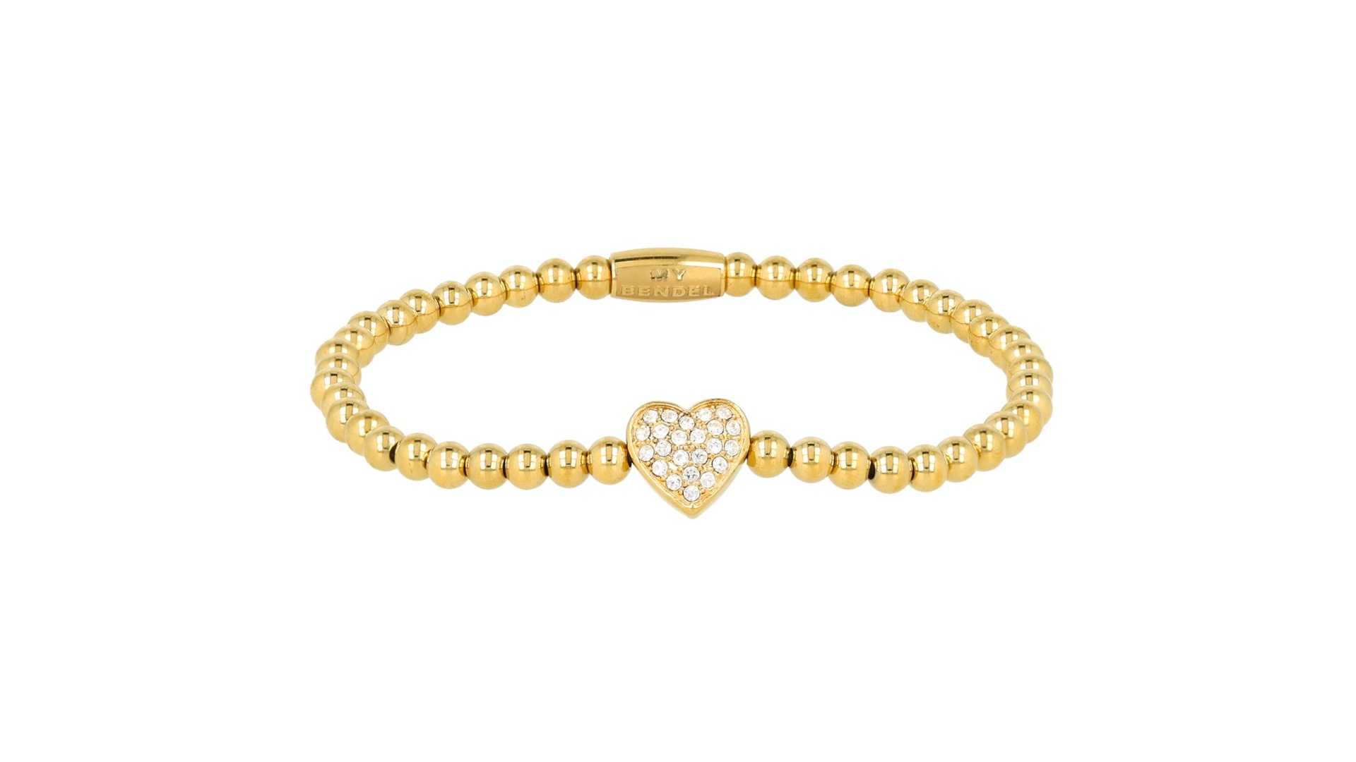 My Bendel gouden elastische kralenarmband hart bedel met zirkonia stailess steel