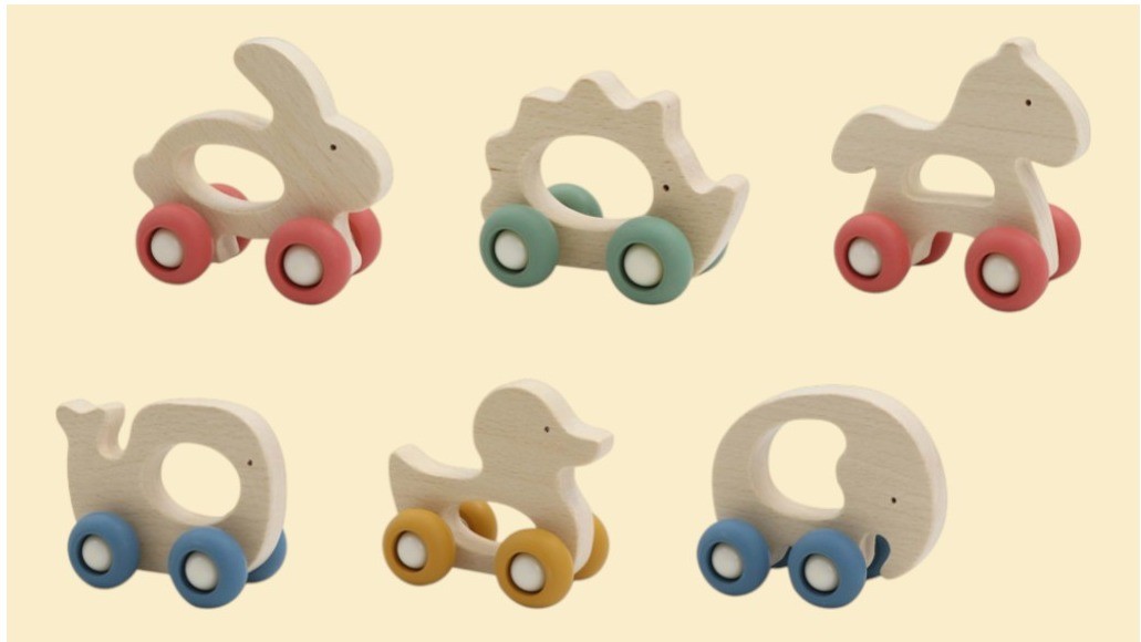 “Rijdende grijpdieren” Houten speelgoed