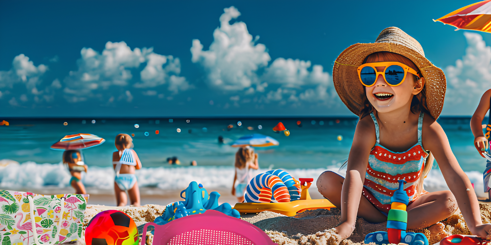 Gebro Lachend meisje met zonnebril speelt op zonnig strand