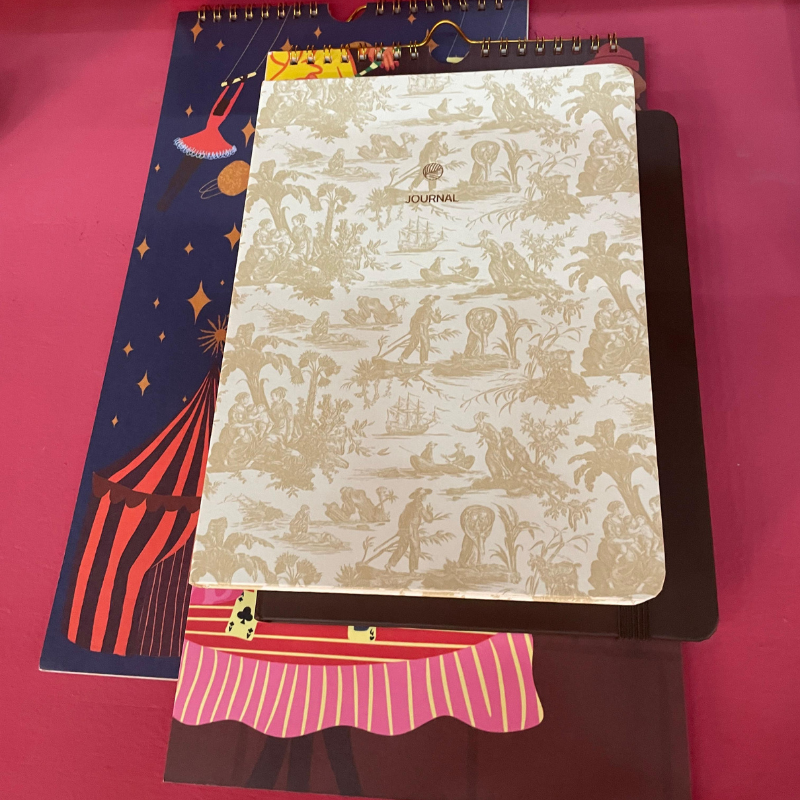 Stapel kleurrijke spiraalgebonden notitieboeken op roze ondergrond
