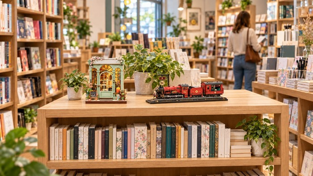Gezellige boekwinkel met treinminiatuur en planten