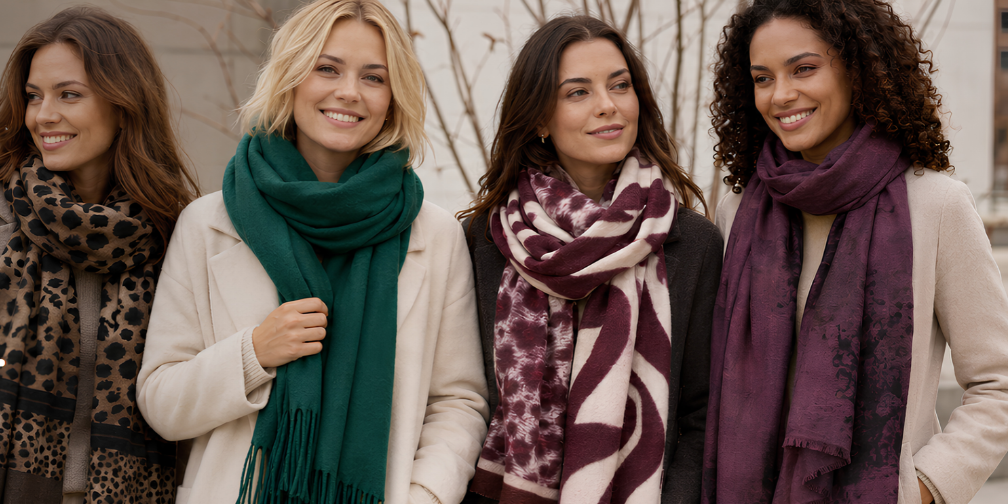 Bijoux by F&M - Vier vrouwen dragen kleurrijke sjaals en winterjassen.
