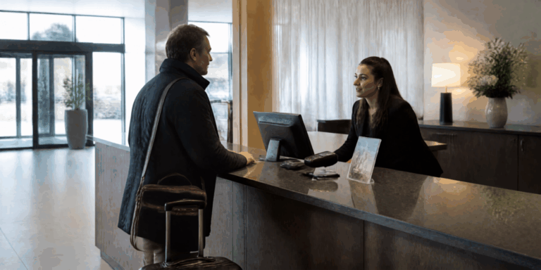 Gast meldt zich bij hotelreceptie met bagage