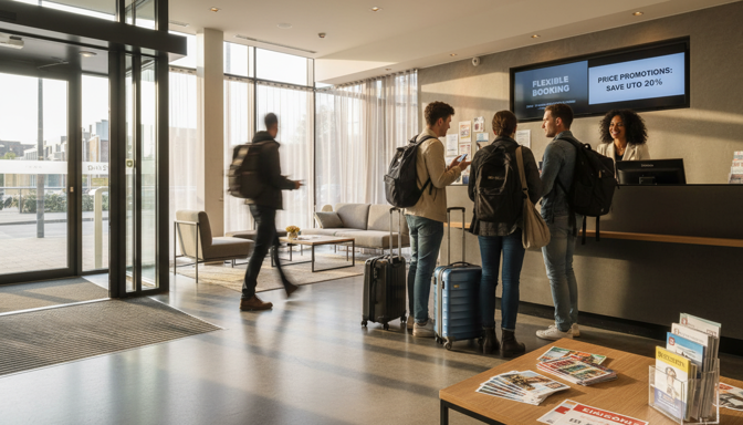 Reizigers met koffers bij de receptie van een hotel