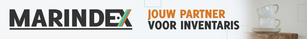 Marindex-logo met slogan en servies op tafel