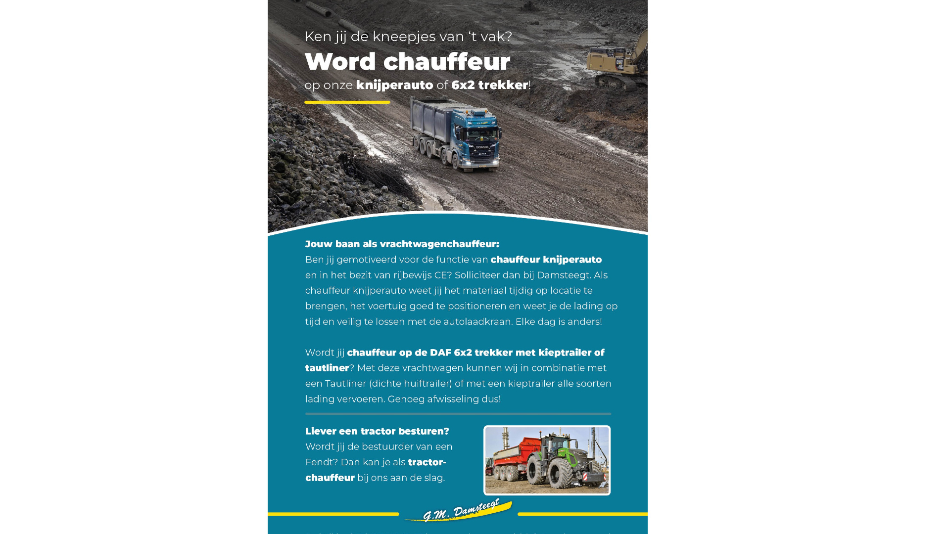 Word chauffeur op onze knijperauto of 6×2 trekker
