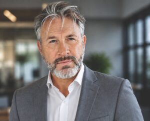 Zelfverzekerde man in grijs pak op kantoor