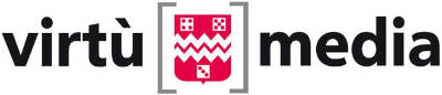 Virt&ugrave; Media-logo met rood schild en zwarte tekst