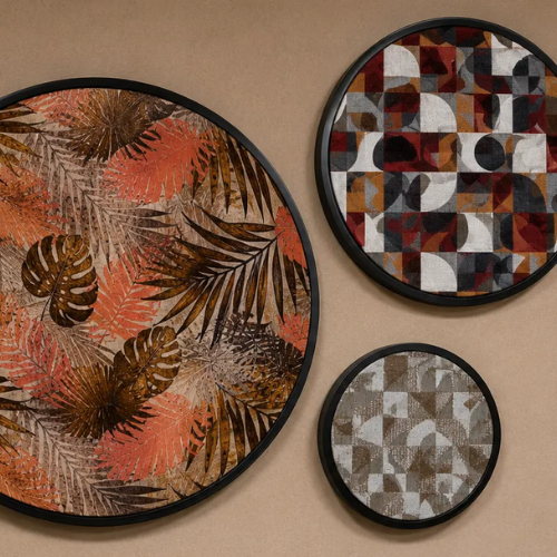 Drie ronde wanddecoraties met botanische en geometrische patronen