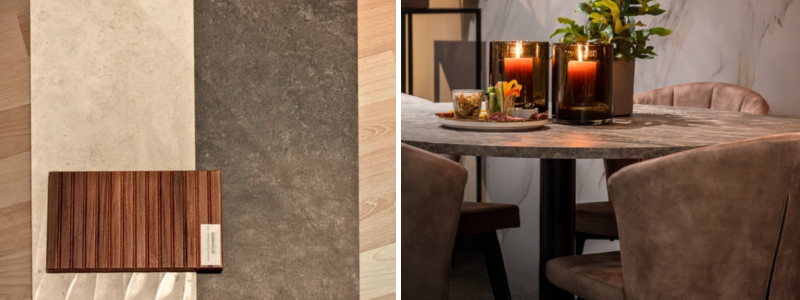 Hout- en steenstalen naast sfeervolle eettafel met kaarsen