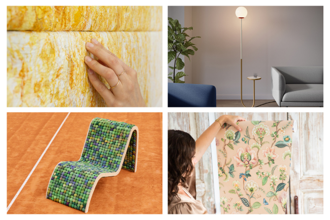 Collage van interieurmaterialen, meubels, lamp en behang