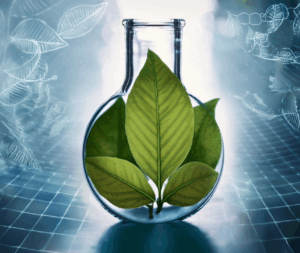 Lab flask with green leaves
