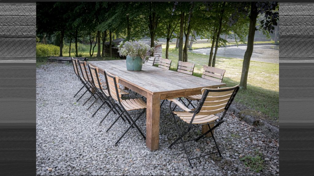 Table teck 3m + chaises en fer forgé