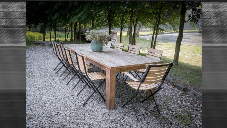 Table teck 3m + chaises en fer forgé