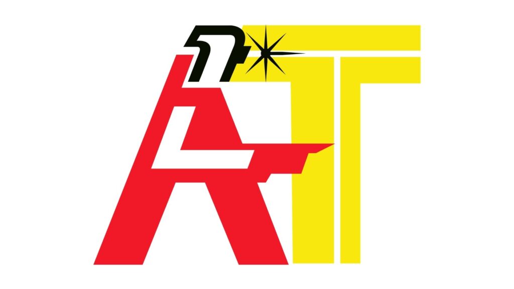 Rood-geel logo met zwarte ster en letters AT