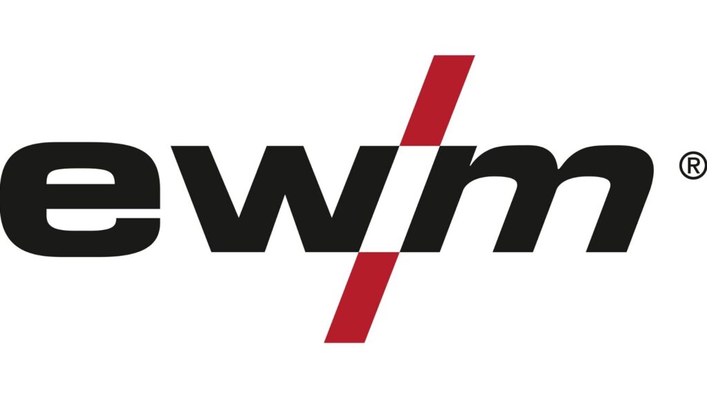 EWM-logo met rode schuine streep op witte achtergrond