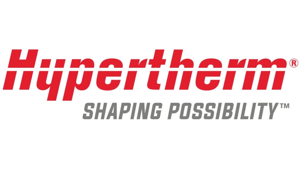 Rood Hypertherm-logo met grijze slogan Shaping Possibility