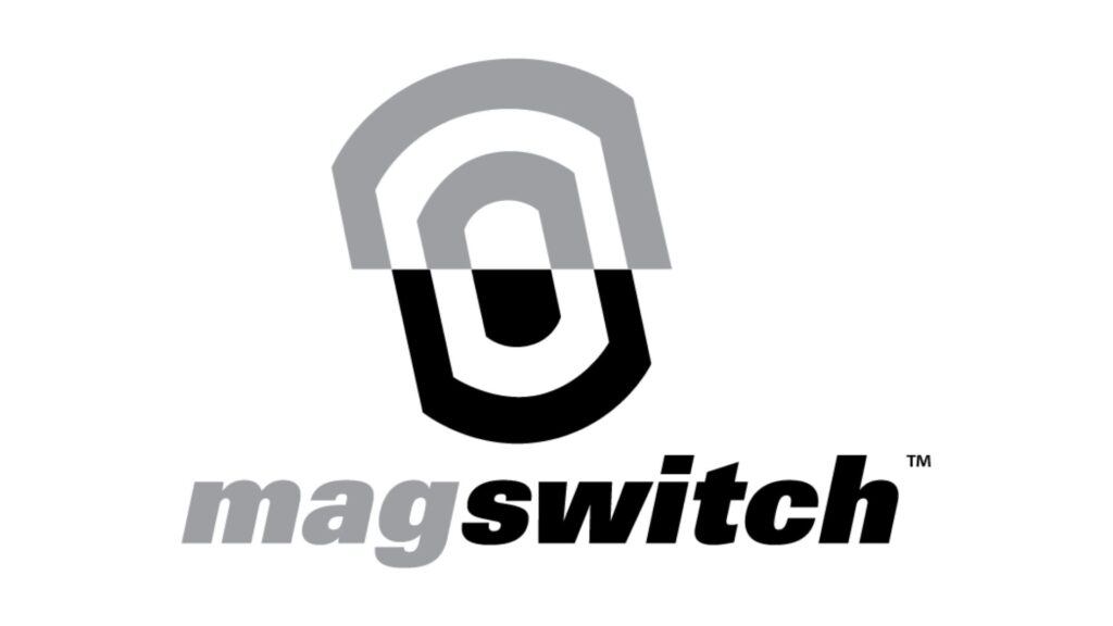 MagSwitch-logo met gestileerde grijze en zwarte magneet