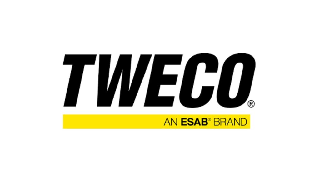 Zwart TWECO-logo met gele ESAB-brandbalk