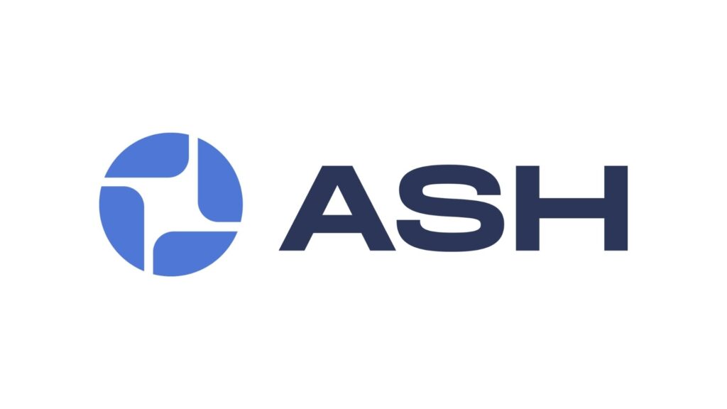 Blauw ASH-logo op witte achtergrond
