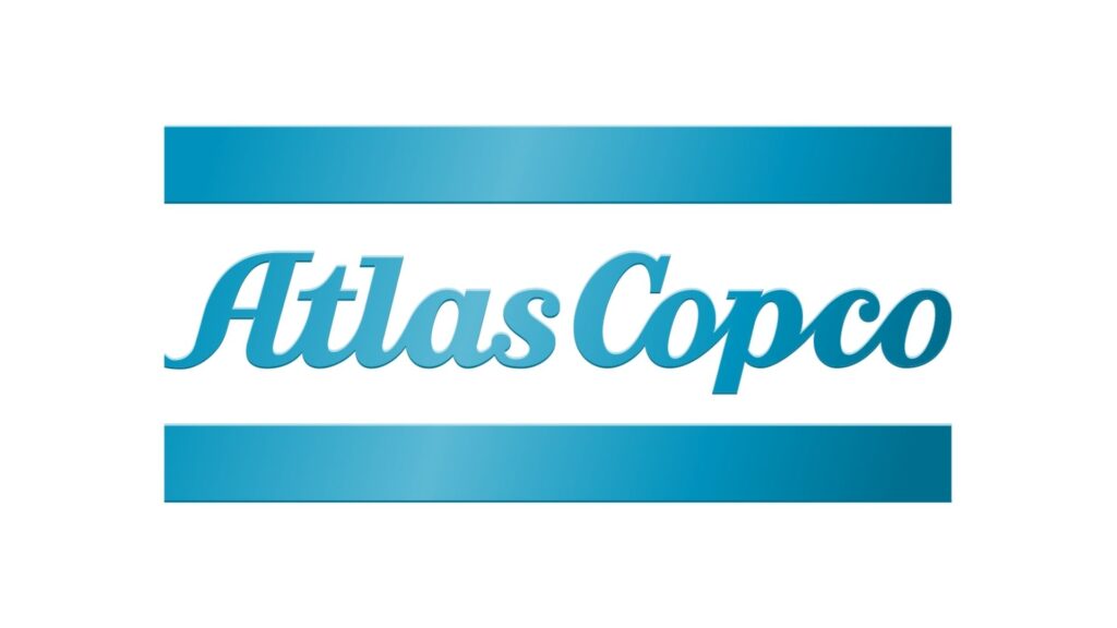Blauw Atlas Copco-logo op witte achtergrond