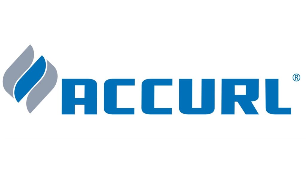 Accurl-logo met blauwgrijs symbool op witte achtergrond