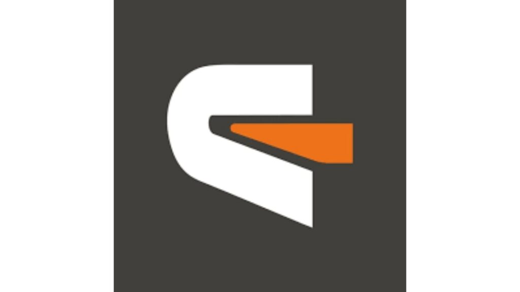 Wit en oranje abstract logo op donkergrijze achtergrond