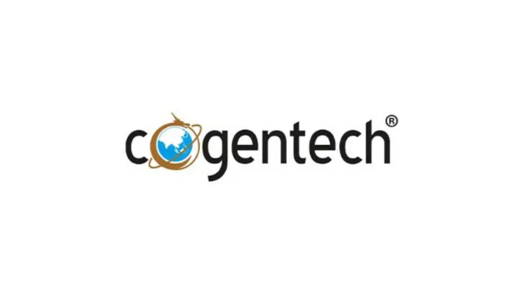 Cogentech-logo met wereldbol en gouden baan