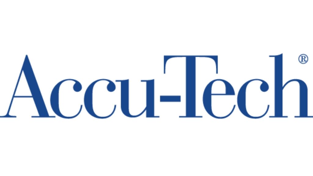 Blauw Accu-Tech-logo op witte achtergrond