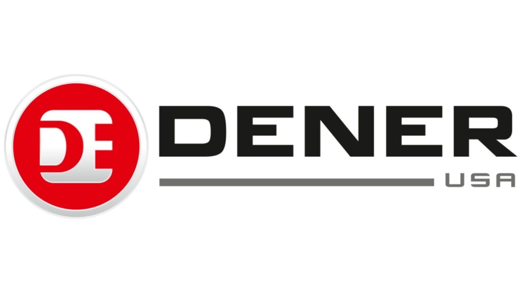 Logo van Dener USA met rood monogram
