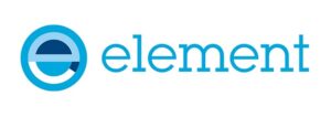 Blauw Element-logo met gestileerde letter e