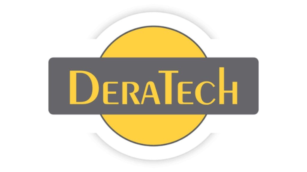 DeraTech-logo met gele cirkel en grijze balk