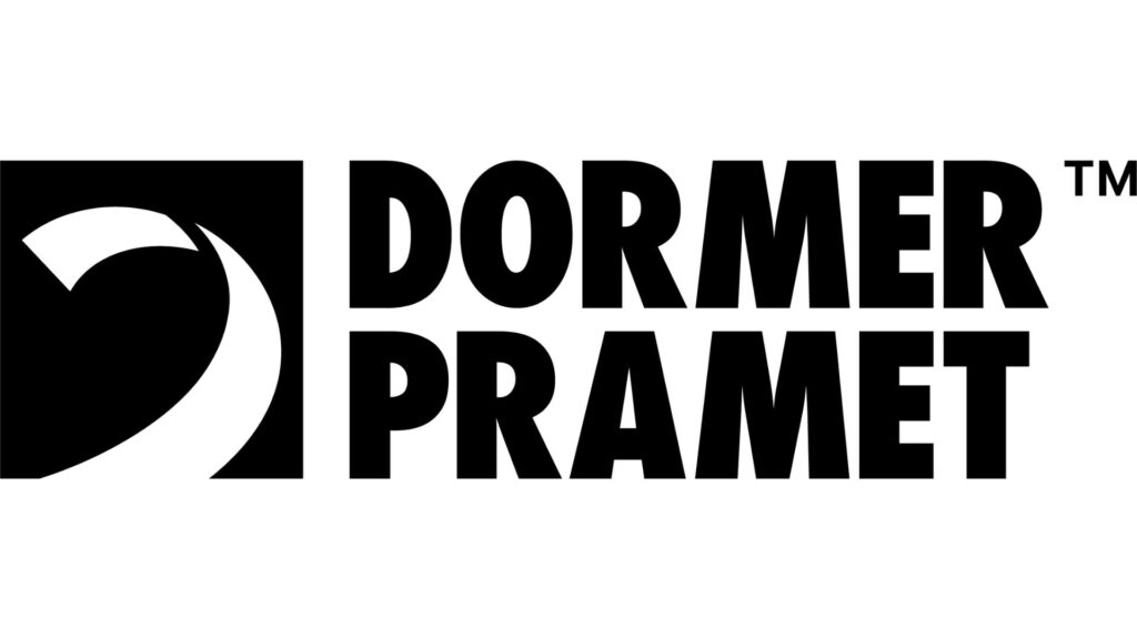 Zwart-witlogo van Dormer Pramet met gestileerd symbool