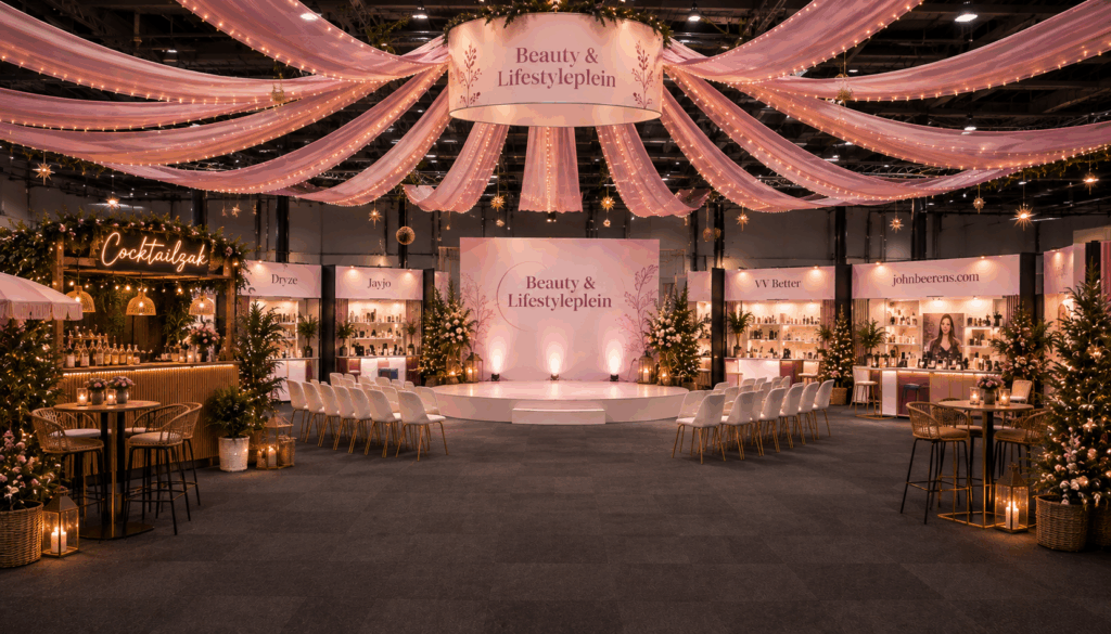Sfeervol Beauty & Lifestyleplein met podium en merkstands