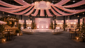 Sfeervol Beauty & Lifestyleplein met podium en merkstands