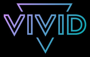 VIVID-logo met blauw-paarse verloopkleuren op zwarte achtergrond