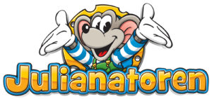 Cartoonmuis met duimen omhoog boven Julianatoren-logo
