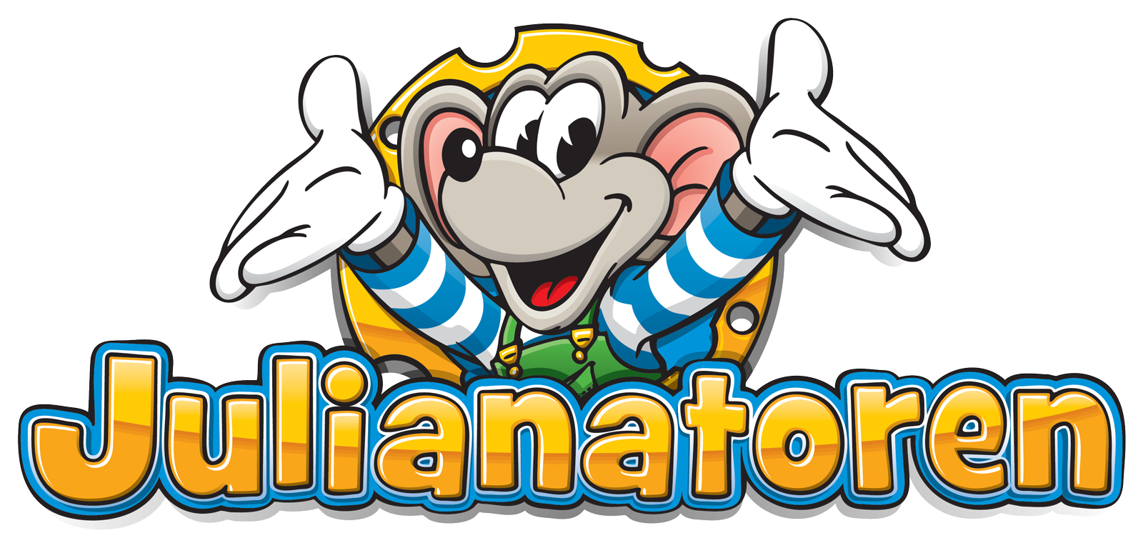 Cartoonmuis met duimen omhoog boven Julianatoren-logo